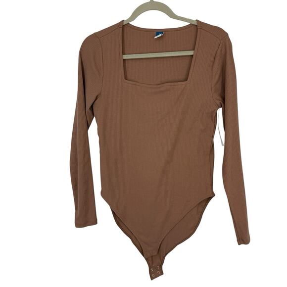 Old Navy NEW Squareneck Rib Knit Bodysuit size Large Long Sleeve Tan Rare Earth - Picture 1 of 9